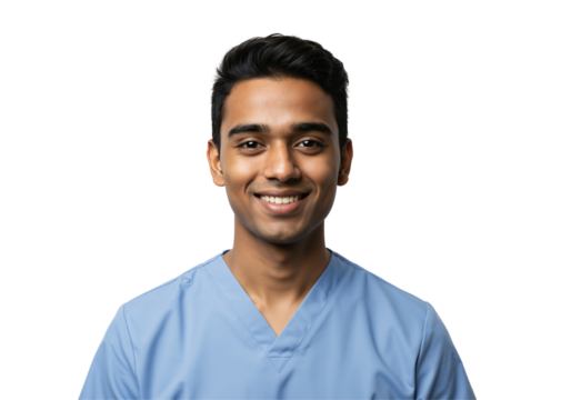 Portrait of a young Indian male doctor or medical student in blue scrubs, smiling confidently. Healthcare professional isolated on a transparent background.