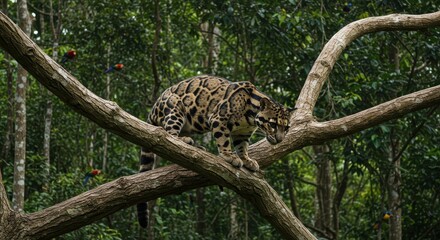 Agile Clouded Leopard Navigating Branches in Lush Tropical Forest with Green Foliage and Colorful Birds in Background