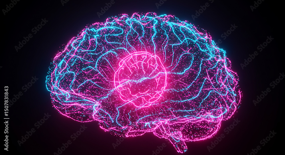 Aufkleber abstract neon brain pink and blue particle neural network visualization