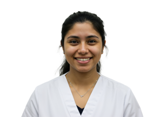 Portrait of a young Hispanic female healthcare professional in white medical scrubs smiling warmly. Friendly nurse or doctor on a transparent background.