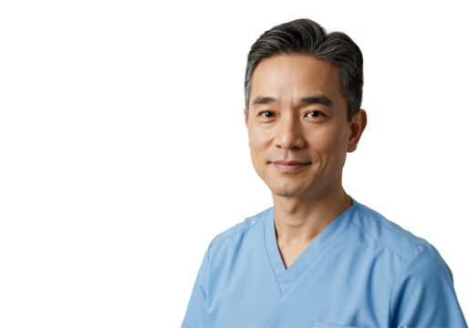 Portrait of a confident middle-aged Asian male doctor in blue scrubs, smiling warmly. Healthcare professional isolated on a transparent background with copy space for text.
