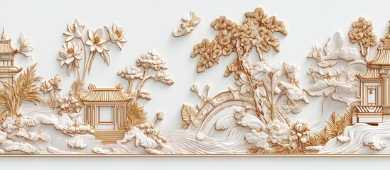 Ornamental Chinese Garden Scene In Gold And White