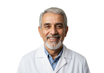 Obraz premium Senior Indian doctor smiling confidently in a white lab coat. Portrait of a mature male medical professional isolated on a transparent background. Healthcare expert.