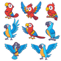 Eight cartoon parrots in different poses suitable for childrens books, educational materials, naturethemed designs, or tropical themed projects. © bahtiarmaulana
