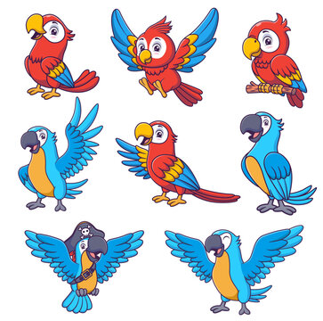 Eight cartoon parrots in different poses suitable for childrens books, educational materials, naturethemed designs, or tropical themed projects.