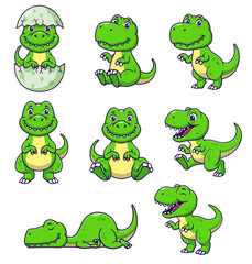 Obraz premium Eight cartoon dinosaurs in various poses, perfect for children's book illustrations, educational materials, and playful designs. Perfect for kid friendly projects.