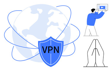 Shield labeled VPN over globe with connecting lines, man watching screen. Ideal for security, privacy, protection, streaming, worldwide access, technology, simple landing page