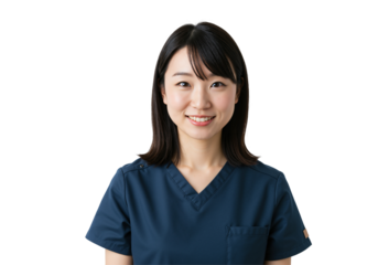 Portrait of a young Asian female healthcare professional in blue scrubs, smiling confidently. Friendly medical worker, nurse, or doctor isolated on a transparent background for a studio shot.