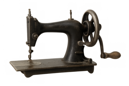 Vintage sewing machine displaying vintage patina, reflecting timeless textile crafting heritage against transparent backdrop