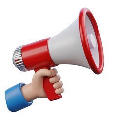 A cartoon hand holding a red and white megaphone, symbolizing communication.