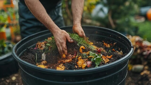 Hands mixing organic waste in a compost bin for sustainable gardening practices