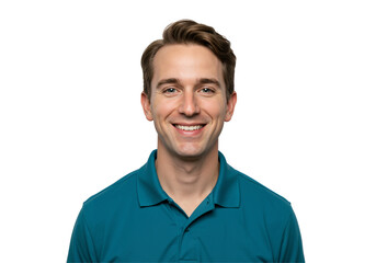 Obraz premium Smiling Young Adult Caucasian Man Headshot. Cheerful Millennial Male in Casual Teal Polo Shirt Looking at Camera. Isolated Portrait on Plain transparent background.