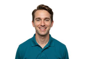 Smiling Young Adult Caucasian Man Headshot. Cheerful Millennial Male in Casual Teal Polo Shirt Looking at Camera. Isolated Portrait on Plain transparent background.