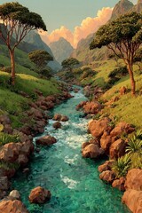 Serene Mountain River Valley.