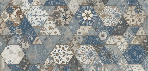 "Vintage Floral Hexagon Tile Pattern in Blue and Beige – Decorative Geometric Botanical Mosaic Design for Walls, Floors, and Backgrounds"

