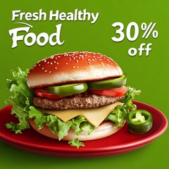 Delicious burger on a red plate.