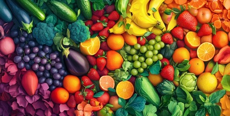 Vibrant mix of fresh fruits and vegetables with leafy greens, colorful style, on a flat natural background, concept of healthy food variety