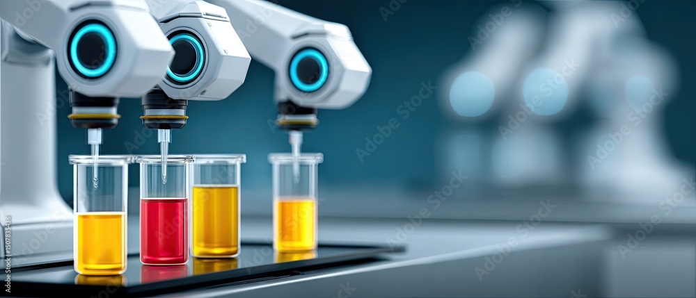 Poster robotic arms analyzing colorful liquid samples in laboratory glassware, representing automation and 