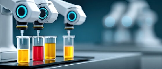 Robotic arms analyzing colorful liquid samples in laboratory glassware, representing automation and advanced scientific research.
