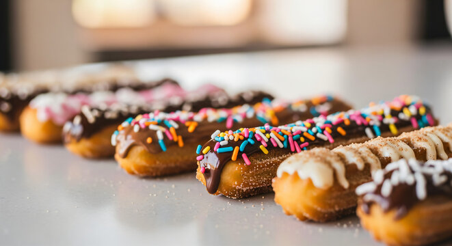 Row of churros arranged on a surface. They are decorated with various types of icing and toppings, including colorful sprinkles and chocolate.