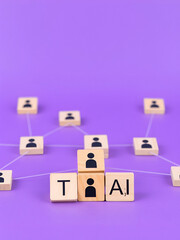 A visual metaphor for networking and team dynamics, featuring wooden blocks with human icons interconnected by lines on a purple backdrop.