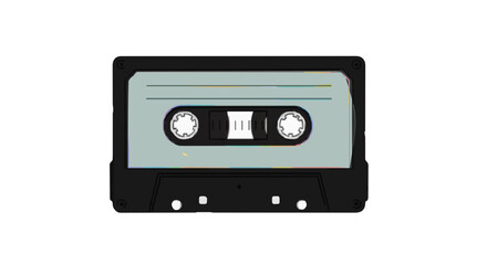 A black audio cassette tape with a light blue label and two spools is centered on white background