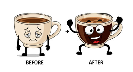 Cartoon illustration showing before and after effects of coffee on a cup character with arrow between them