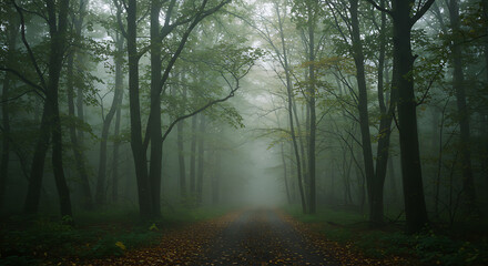 Obraz premium Mysterious Foggy Forest Path Enchanting Autumnal Woods Road Scene