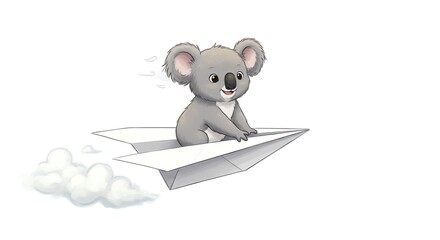 Koala on a Paper Airplane Flying Through the Air in an Isolated Background