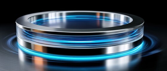 A glowing metallic ring with blue light accents, appearing futuristic and high-tech, set against a dark reflective background.
