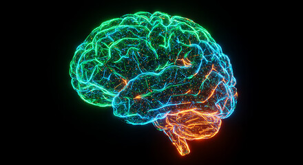 Abstract Neon Glowing Human Brain Neural Network Artificial Intelligence Technology Concept