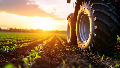 Harvest Dawn: A tractor's wheels are set against a backdrop of a vibrant sunrise casting a golden glow across a freshly cultivated field. The scene captures the essence of agriculture.