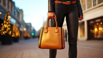 Stylish woman with leather handbag walking through chic shopping district