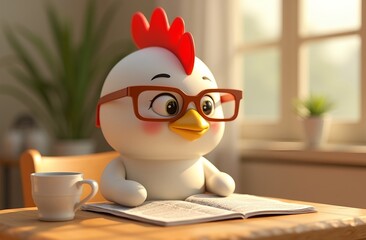 A Funny 3D-rendered cartoon chicken wearing tiny glasses and reading at a miniature breakfast table