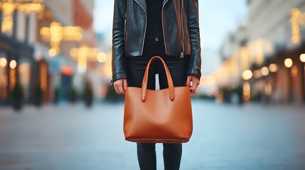 Stylish woman with leather handbag walking through chic shopping district
