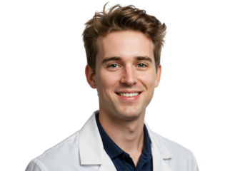 Young Caucasian Male Doctor Smiling Confidently in White Lab Coat. Friendly Healthcare Professional Headshot Portrait Isolated on transparent background. Medical Student or Practitioner.