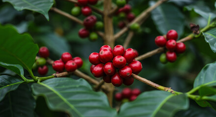 Fototapeta premium Banner coffee bean berry plant fresh seed. panoramic Ripe Red coffee tree growth green eco organic farm. Banner red ripe seed robusta arabica berries harvest coffee garden. Coffee bean tree copy space