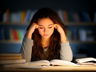 Stressed young woman holding head in hands at desk with books, studying for exam