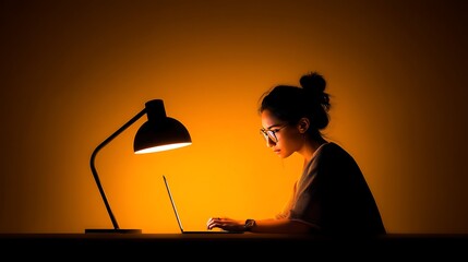 Female freelancer working late beside warm desk lamp
