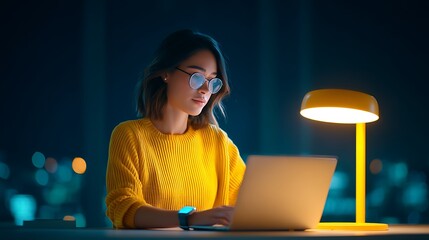 Female freelancer working late beside warm desk lamp