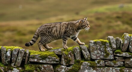 Obraz premium Striped Cat Walking Gracefully on Mossy Stone Wall in a Serene Natural Landscape with Rolling Hills and Soft Green Background