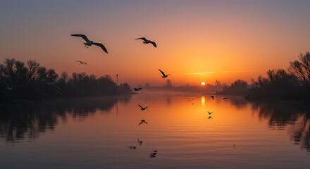 Obraz premium Serene Sunrise Birds in Flight over Calm River at Dawn