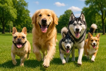Group of dogs playing in a sunny park surrounded by green trees during daytime