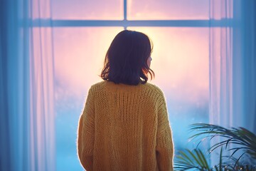 Girl in oversized sweater looking out pastel window