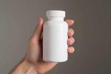 Blank white bottle held in hand.