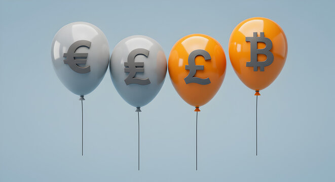 Colorful Balloons with Currency Symbols Representing Finance and Investment on a Light Blue Background