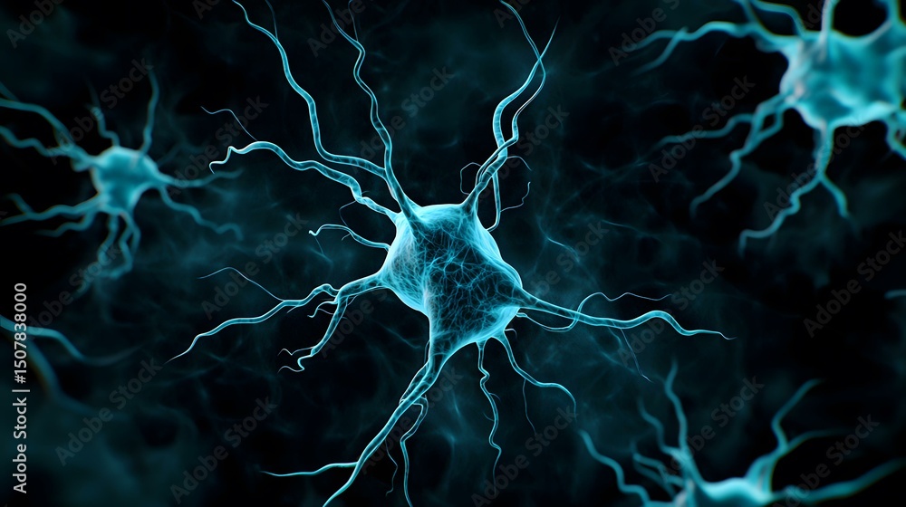 Aufkleber the image shows a detailed microscopic view of neurons, their intricate branching structures, and co