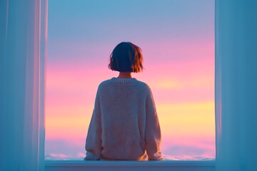 Girl in oversized sweater looking out pastel window