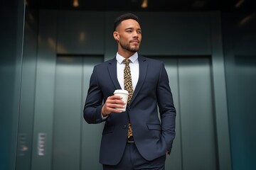 Businessman holding coffee cup near office elevator