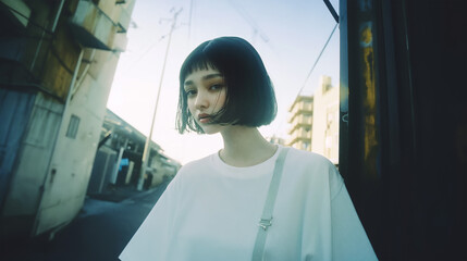 住宅街を歩くかわいい若い女性